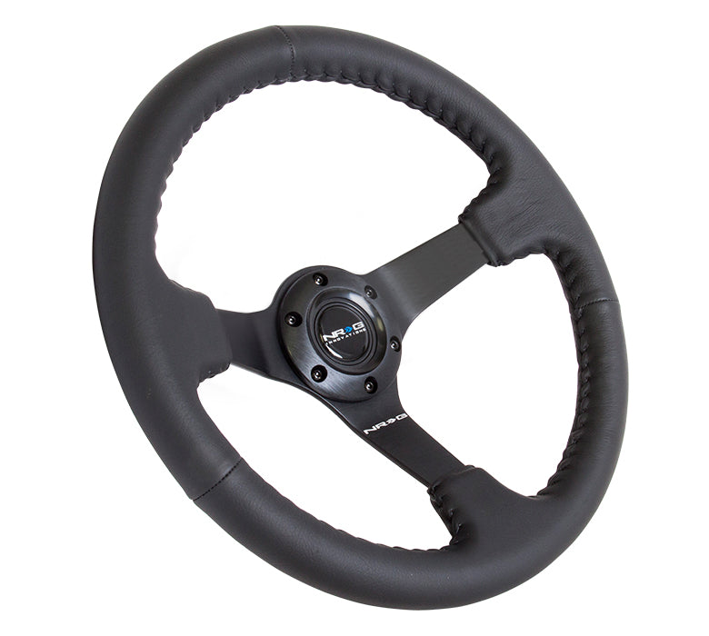thumbnail interactive-video image 1 of NRG Innovations Reinforced Leather Steering Wheel – D-Shape Flat Bottom, 320mm/330mm, Black Stitch 1 of 13